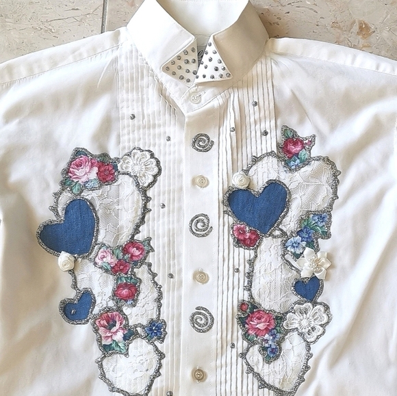 VINTAGE White top blouse tuxedo shirt Artisan - Picture 2 of 8